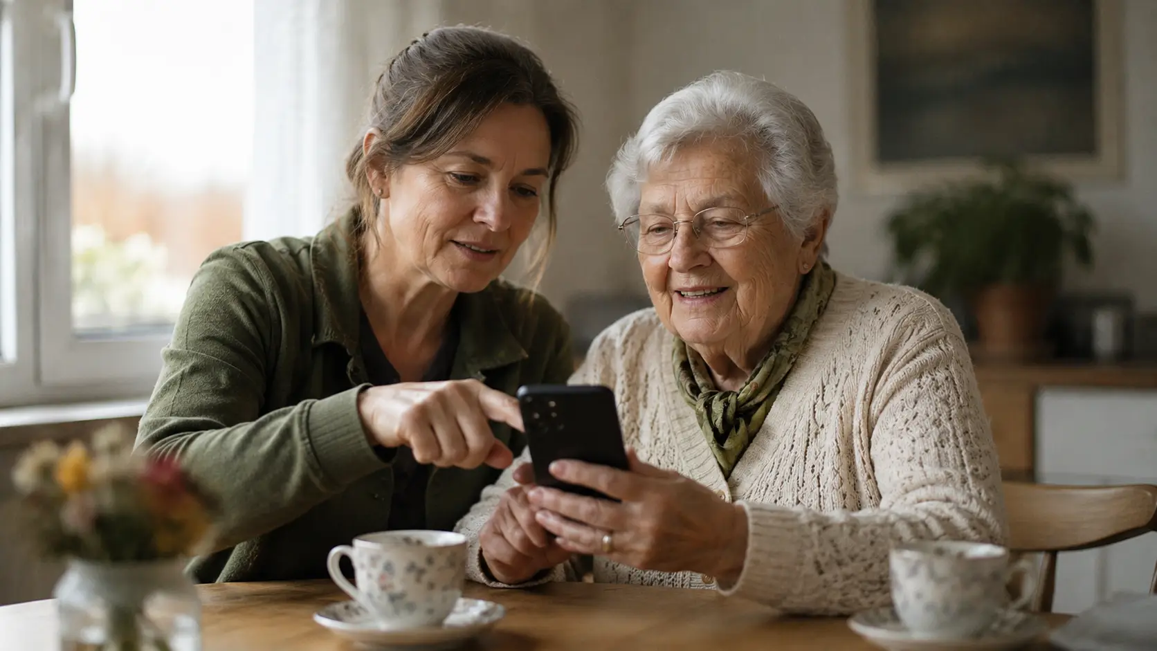 Eine Alltags-Elfe hilft einer Seniorin geduldig mit dem Smartphone am Küchentisch