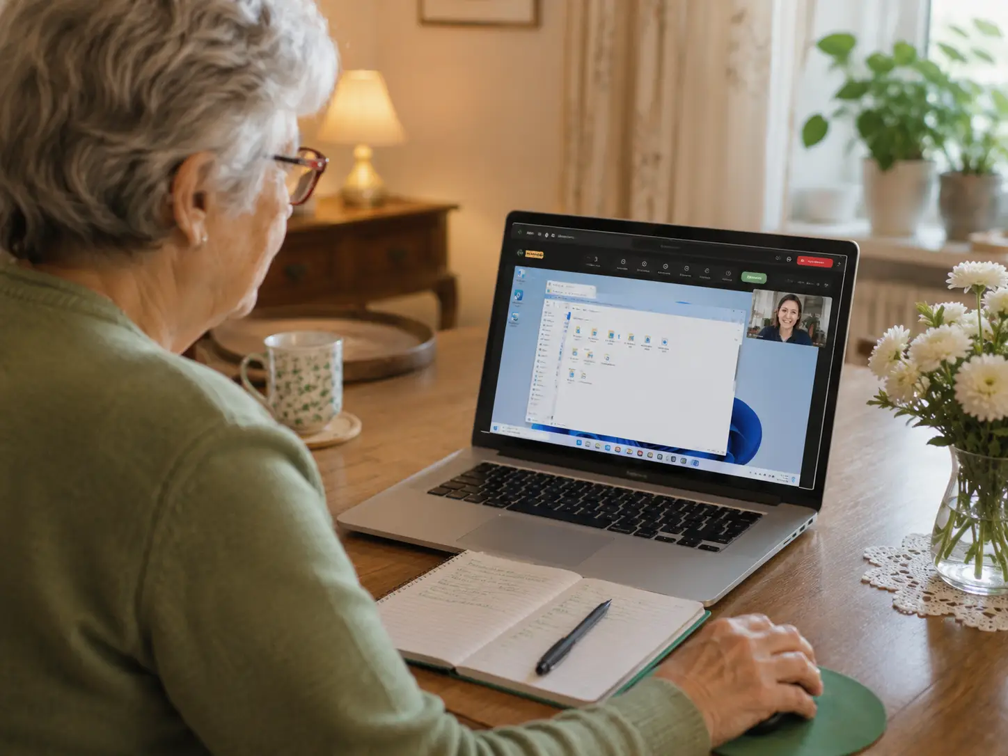 Seniorin sitzt entspannt am Laptop während eine ruhige Stimme aus dem Telefonlautsprecher hilft
