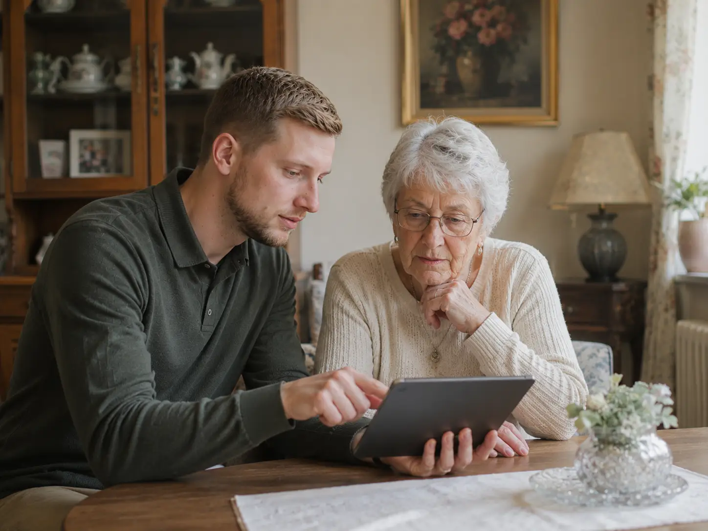 Seniorin mit besorgtem Blick liest verdächtige SMS auf dem Smartphone